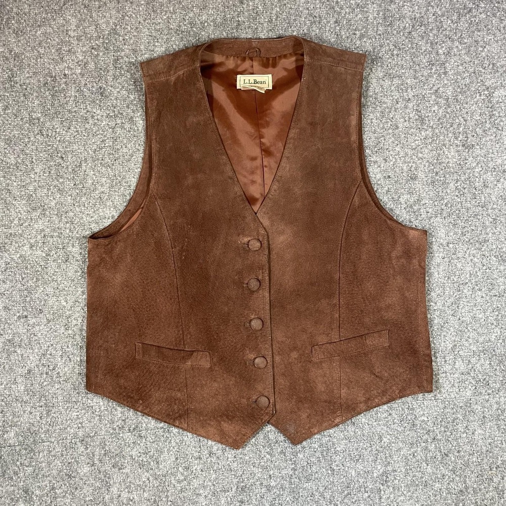 LL Bean Suede Leather Vest Womens Large Brown Button Front Vintage Pockets